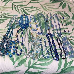 Bundle of blue vintage costume jewelry necklaces